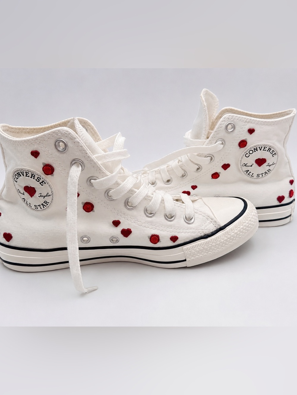 Converse White High-Top Sneakers with Red Heart Embroidery